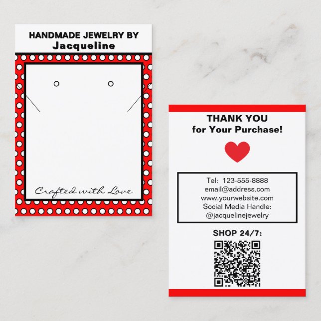 Handmade Necklace Earrings Red White Polka Dots Visitenkarte (Vorne/Hinten)