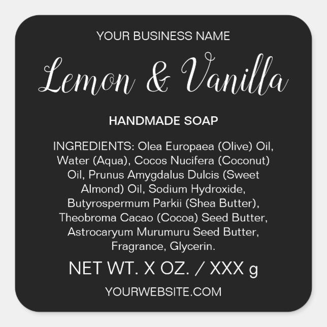 Handmade Soap Skincare Artisan Black Product Label Quadratischer Aufkleber (Vorderseite)