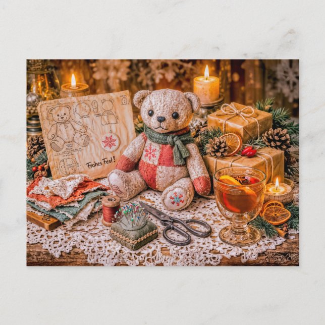 Handmade Teddy Bear with Christmas Gifts and Cozy  Postkarte (Vorderseite)
