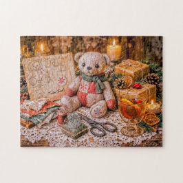 Handmade Teddy Bear with Christmas Gifts and Cozy Puzzle