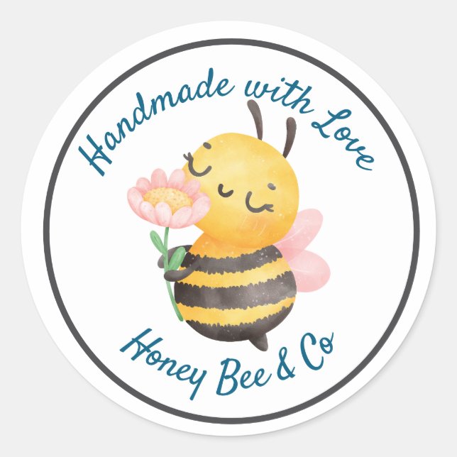 Handmade with Love. Cute Bee Personalized Runder Aufkleber (Vorderseite)