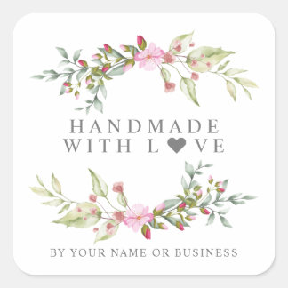 Handmade with Love on Romantic Floral Garland Quadratischer Aufkleber