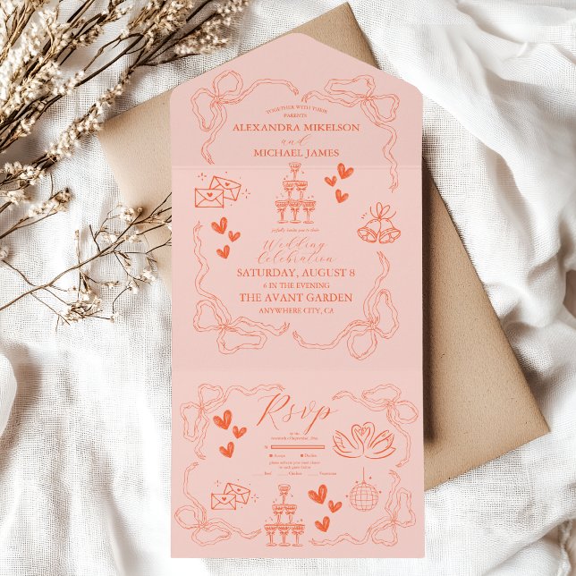 Handmalerei Retro Moderne Hochzeit All In One Einladung (Von Creator hochgeladen)