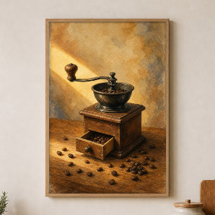 Handmühle & Kaffeebohnen Aquarellposter Poster
