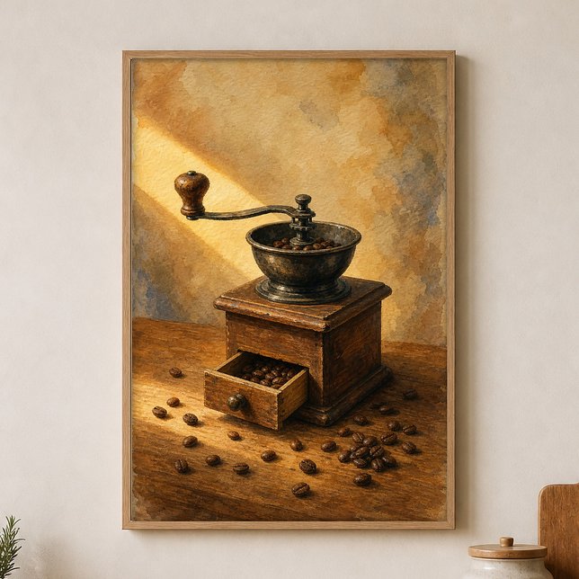 Handmühle & Kaffeebohnen Aquarellposter Poster (Shown framed for scale. Poster ships unframed; frames are an optional add-on.)