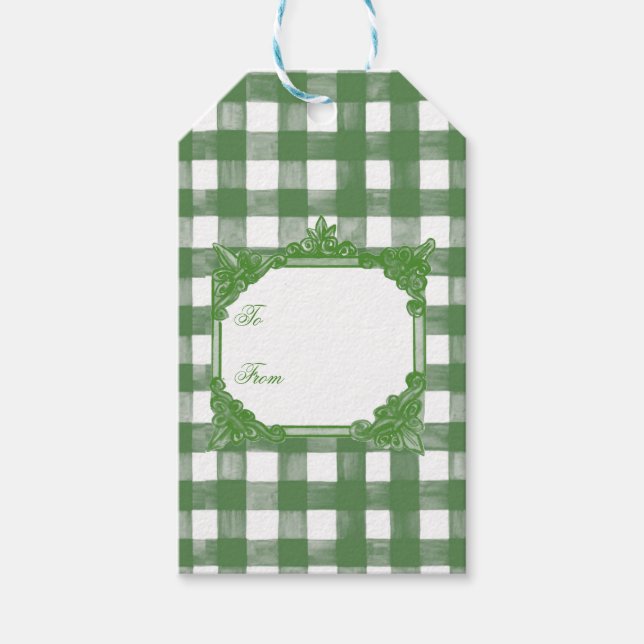 HANDPAINTED GINGHAM Green Mix w/Toile Geschenkanhänger (Vorderseite)