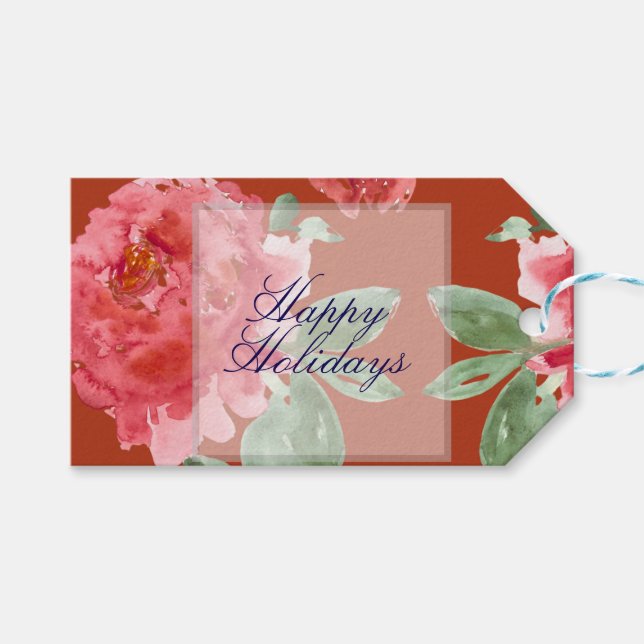 Handpainted Red Roses Holiday Luncheon Geschenkanhänger (Vorderseite (Horizontal))