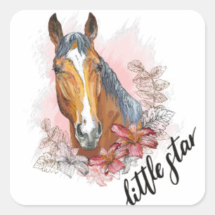 Handpferd mit Pflanze und Blume T - Shirt Quadratischer Aufkleber