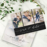 Handschrift 3 Bild schwarz Save The Date<br><div class="desc">Wählen Sie die besten Bilder aus Ihrem Verlobung-Shooting oder Ihre Lieblingsfotos von Ihnen beiden für dieses perfekte Save the Date. Save the Date sind die Wörter handgeschrieben, um der Karte ein persönliches Gefühl zu geben. Die Vorderseite hat 3 Bilder und die Rückseite hat ein großes Bild mit einem weißen Filter...</div>
