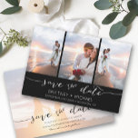 Handschrift 3 Bild schwarz Save The Date<br><div class="desc">Wählen Sie die besten Bilder aus Ihrem Verlobung-Shooting oder Ihre Lieblingsfotos von Ihnen beiden für dieses perfekte Save the Date. Save the Date sind die Wörter handgeschrieben, um der Karte ein persönliches Gefühl zu geben. Die Vorderseite hat 3 Bilder und die Rückseite hat ein großes Bild mit einem weißen Filter...</div>