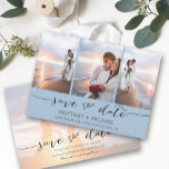 Handschrift 3 Image Dusty Blue Save The Date<br><div class="desc">Wählen Sie die besten Bilder aus Ihrem Verlobung-Shooting oder Ihre Lieblingsfotos von Ihnen beiden für dieses perfekte Save the Date. Save the Date sind die Wörter handgeschrieben, um der Karte ein persönliches Gefühl zu geben. Die Vorderseite hat 3 Bilder und die Rückseite hat ein großes Bild mit einem weißen Filter...</div>