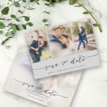 Handschrift 3 Image Light Gray Save The Date<br><div class="desc">Wählen Sie die besten Bilder aus Ihrem Verlobung-Shooting oder Ihre Lieblingsfotos von Ihnen beiden für dieses perfekte Save the Date. Save the Date sind die Wörter handgeschrieben, um der Karte ein persönliches Gefühl zu geben. Die Vorderseite hat 3 Bilder und die Rückseite hat ein großes Bild mit einem weißen Filter...</div>