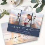 Handschrift 3 Image Navy Blue Save The Date<br><div class="desc">Wählen Sie die besten Bilder aus Ihrem Verlobung-Shooting oder Ihre Lieblingsfotos von Ihnen beiden für dieses perfekte Save the Date. Save the Date sind die Wörter handgeschrieben, um der Karte ein persönliches Gefühl zu geben. Die Vorderseite hat 3 Bilder und die Rückseite hat ein großes Bild mit einem weißen Filter...</div>