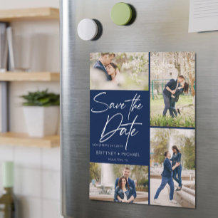 Handschrift Collage Save the Date Navy Blue Magnetkarte
