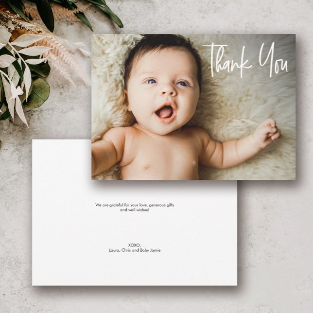 Handschrift Custom Baby Dusche 1 Foto Dankeskarte (Custom modern baby shower thank you baby photo card)
