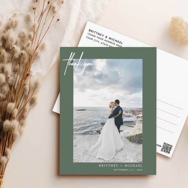 Handschrift einfache Seite Vielen Dank Postkarte (Elegant hand lettered thank you wedding postcard with a minimalistic design perfect for any couple.)