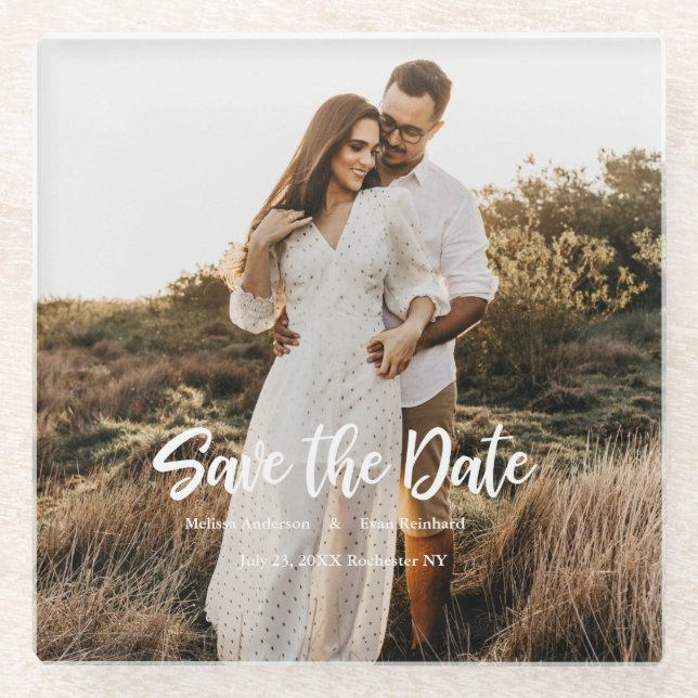 Handschrift Foto Save the Date Glasuntersetzer (Vorderseite)