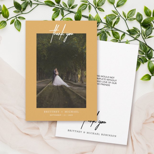 Handschrift mit einfachem Foto Senf gelb Dankeskarte (Von Creator hochgeladen)