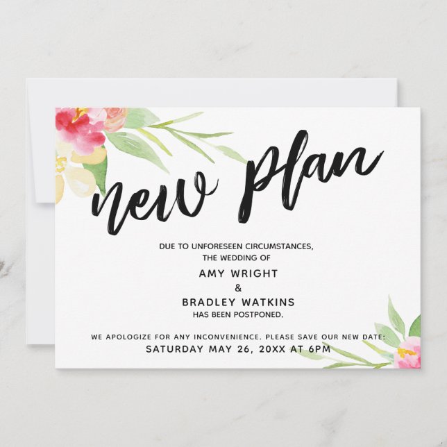 Handschrift "New Plan" Floral verschoben Hochzeit Einladung (Vorderseite)