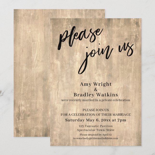 Handschrift, Rustikal bitte nur Empfang bei uns. Einladung (Vorne/Hinten)