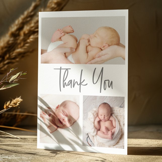 Handschrift Script Foto Collage Babydusche Dankeskarte (Custom Baby photo collage thank you flat card template.)