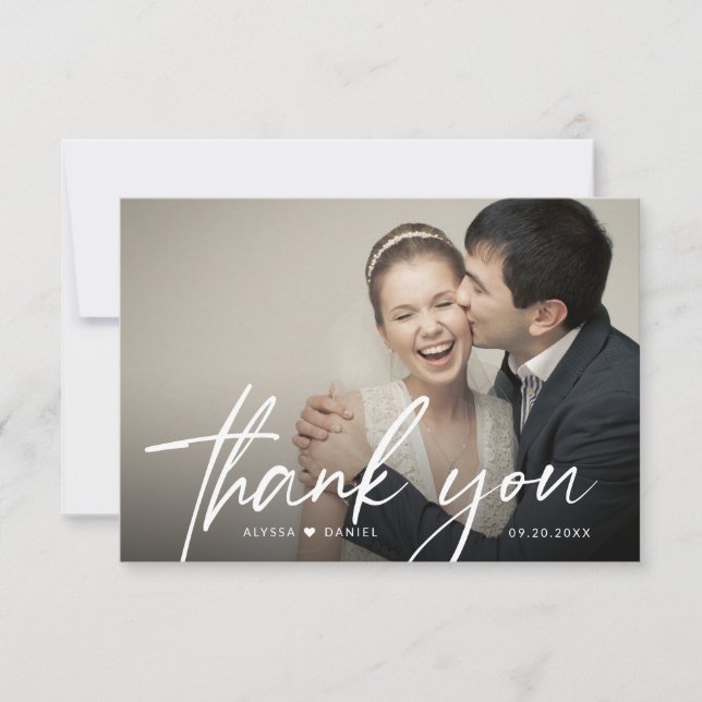 Handschrift Script Heart Wedding Foto Dankeskarte (Vorderseite)