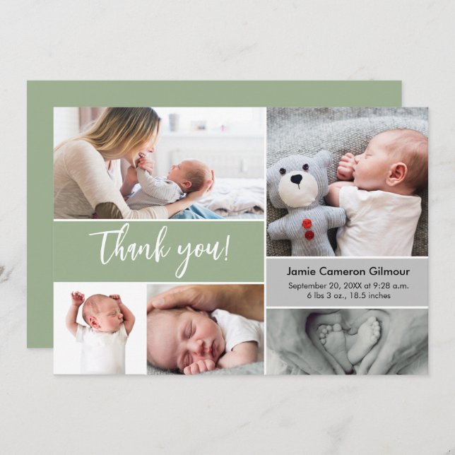 Handschrift Script Multi-Foto Baby Shower Green Dankeskarte (Vorne/Hinten)