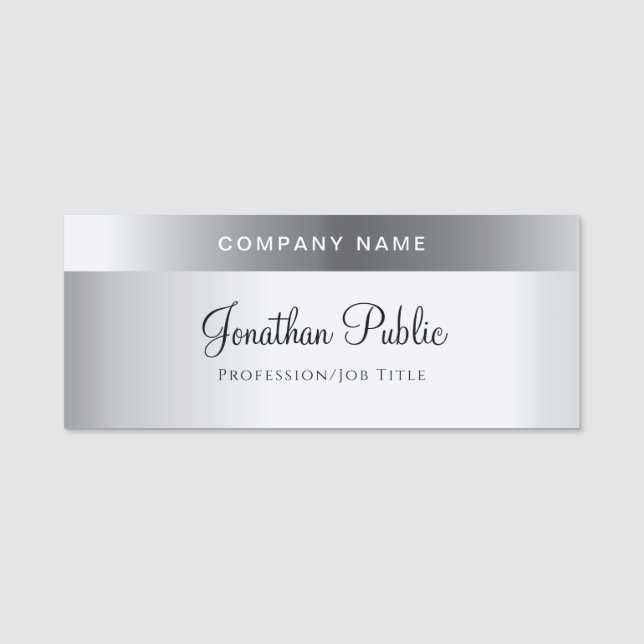 Handschrift Text Elegante Silver Template Moderne Namensschild (Vorderseite)