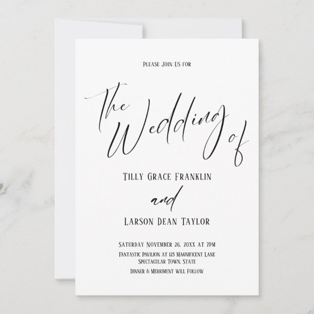 Handschrift Typografie einfach die Hochzeit von Einladung (Vorderseite)
