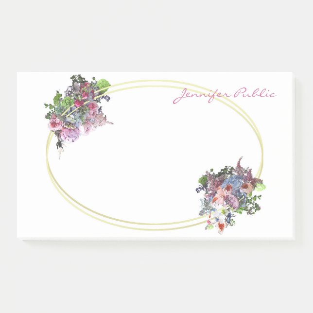 Handschrift Watercolor-Blume Goldrahmen-Vorlage Post-it Klebezettel (Vorderseite)