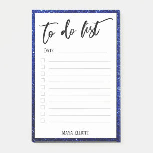 Handschrift zum Auflisten der blauen Glitzer-Grenz Post-it Klebezettel