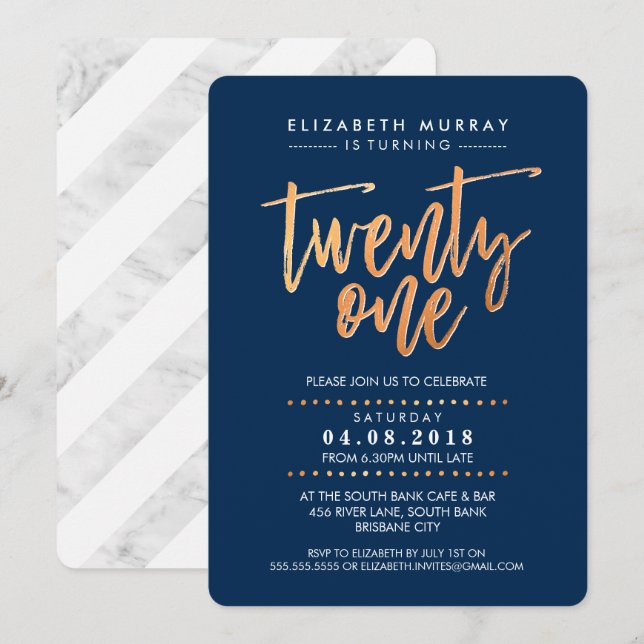 HANDSCHRIFTLICHE SCHRIFTART trendy Kupferfolie nav Einladung (Vorne/Hinten)