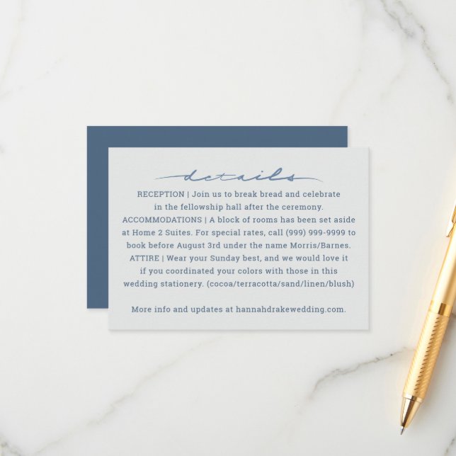 Handschriftliches Skriptblaue Hochzeit Begleitkarte (Vorderseite/Rückseite Beispiel)