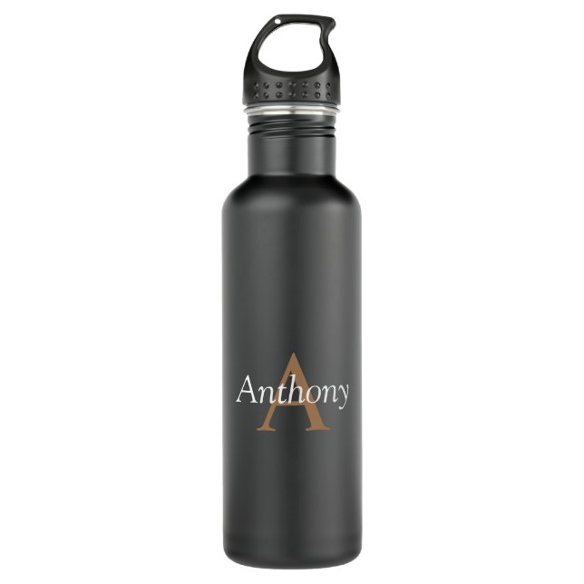 Handsome Black Modern Gold Monogram Trinkflasche (Vorderseite)