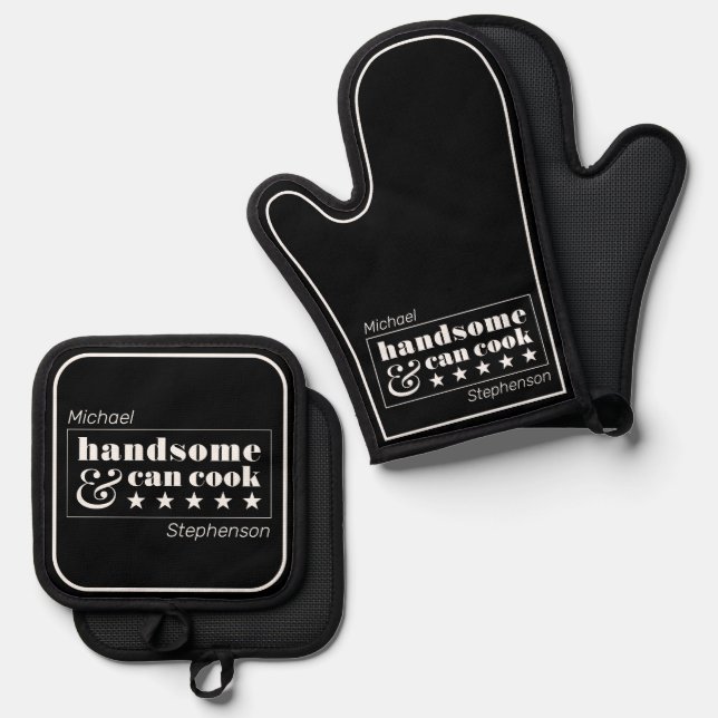 Handsome & Can Cook Mens Black White Father's Day Ofenhandschuh & Topflappen-Set (Vorderseite/Rückseite)