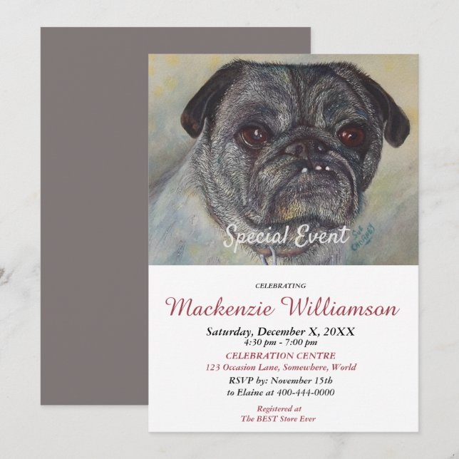 HANDSOME MOPS WÜNSCHT GLÜCKLICH BIRTHTAG EINLADUNG (Vorne/Hinten)