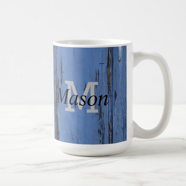Handsome Rustic Blue Personalisiert Monogram Kaffeetasse (Rechts)