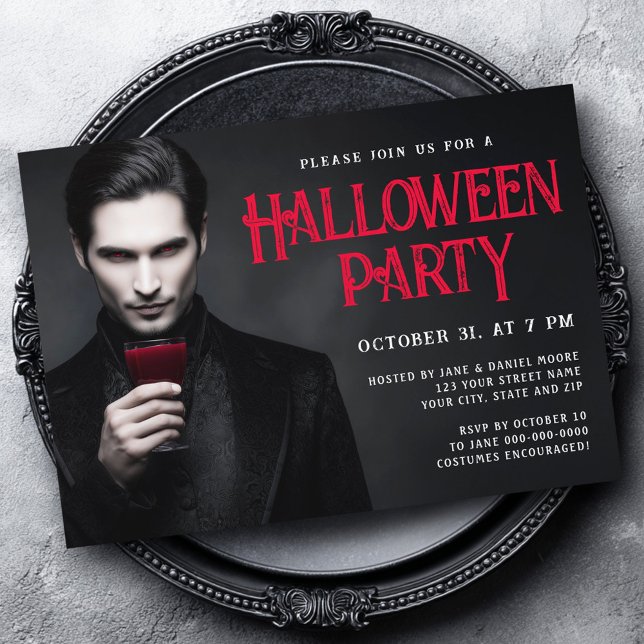 Handsome Vampir trinken Blut Halloween-Party Einladung (Handsome vampire drinking blood Halloween party Invitation)