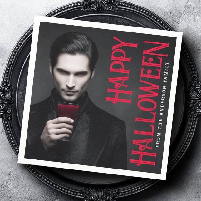 Handsome vampire drinking blood Halloween party Serviette (Handsome vampire drinking blood Halloween party Napkins)