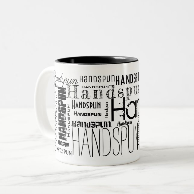 HANDSPUN! Typografie Word Cloud Zweifarbige Tasse (Vorderseite Links)