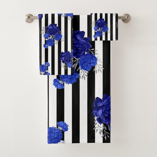 Handtuch Set Royal Blue Floral Black Vert. Streife (Insitu)