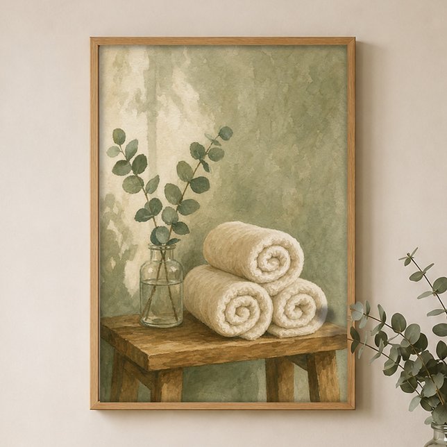 Handtücher und Eukalyptus Wasserfarbenposter Poster (Shown framed for scale. Poster ships unframed; frames are an optional add-on.)