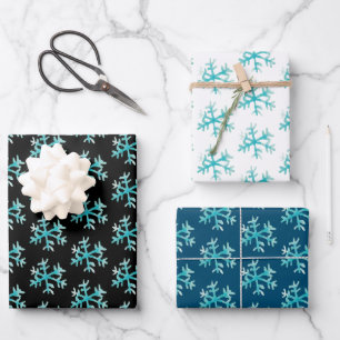 Handwasserfarbe Blaue Schneeflocken Weihnachten Geschenkpapier Set