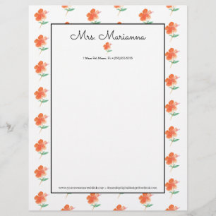 Handwasserfarbe Oranger Hibiskus Sommer Schrift Briefbogen