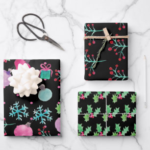 Handwasserfarbe-Schneeflocken Weihnachten Schwarz  Geschenkpapier Set