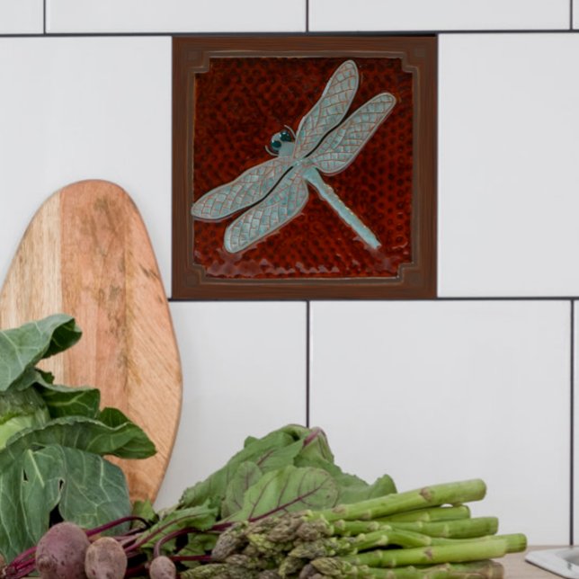 Handwerker Dragonfly Tile, Braun und Türkis Fliese (Brown and turquoise dragonfly tile shown in a kitchen with  white tiles.)