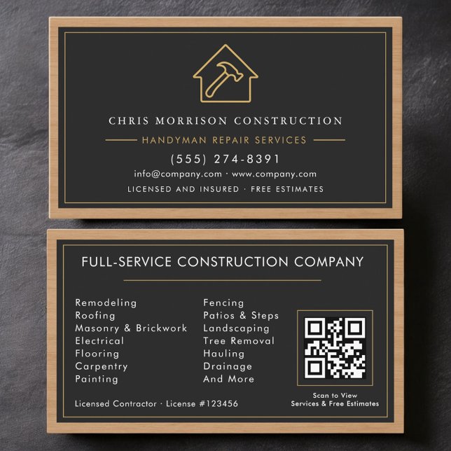 Handwerker Holz QR-Code Bau Schwarz Gold  Visitenkarte (Von Creator hochgeladen)