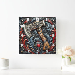 Handwerkskunst auf Display mit einem Fireman's Ax Quadratische Wanduhr