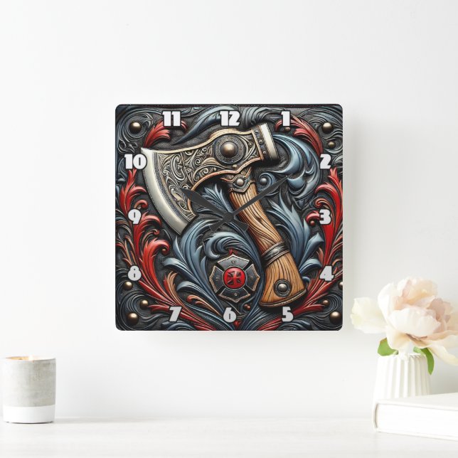 Handwerkskunst auf Display mit einem Fireman's Ax Quadratische Wanduhr (Zuhause)