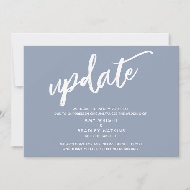 Handwriting abgebrochen Hochzeitsupdate Dusty Blue Einladung (Vorderseite)